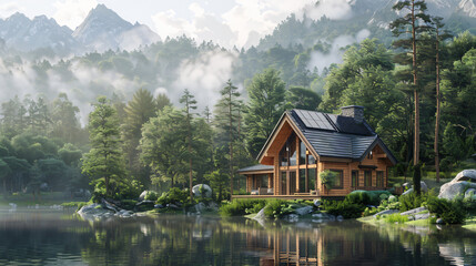Fototapeta premium Sustainable wooden cabin stands beside a serene lake, mirroring the surrounding forest and mountains in the morning haze