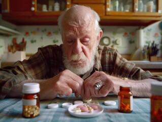 An older man in a home setting, sorting pills into their respective bottles and organizing his medication.