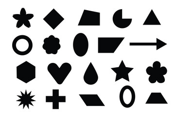 Abstract and vector basic shapes collection. Geometric formal shape. Polygonal elements. Trendy minimalist basic figure, diamond, circles, hexagon, star, triangle flat style. Vector illustration.