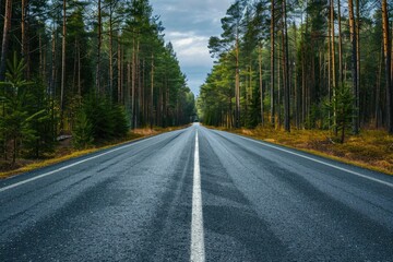 Obraz premium Uphill Road in Forest: Empty Highway Through Country with Symmetrical Composition