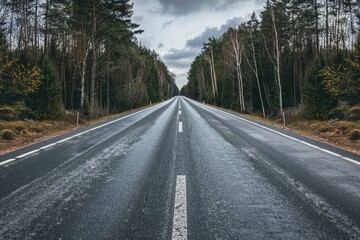 Fototapeta premium Uphill Road in Forest: Symmetrical Composition of Empty Straight Asphalt Highway