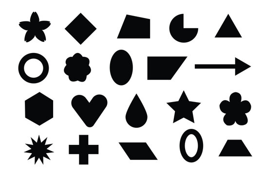 Abstract and vector basic shapes collection. Geometric formal shape. Polygonal elements. Trendy minimalist basic figure, diamond, circles, hexagon, star, triangle flat style. Vector illustration.