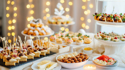 Christmas party table with delicious festive finger foods, appetizing desserts, glowing fairy lights, elegant surroundings, holiday celebration concept