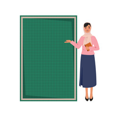 Muslim woman, holding a book and standing beside a big grid school board. Ideal for illustrations related to education, business presentations or study materials