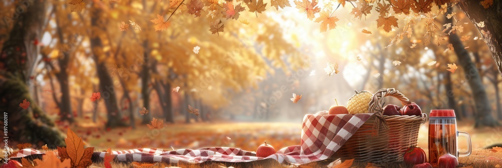 Poster a wicker basket filled with food and drinks rests on a checkered blanket in a forest, surrounded by 