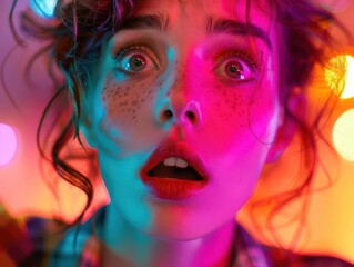Obraz premium A young woman with wide eyes and an open mouth looks up in surprise, illuminated by vibrant colored lights.