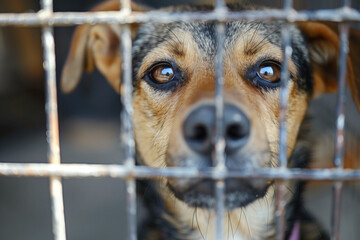 A dog behind bars, waiting for help and a new family.