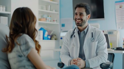 Fototapeta premium Medical doctor sitting at desk, smiling and engaged with female patient.