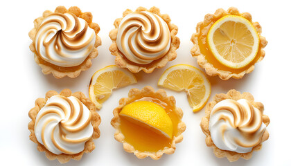 Tartlets with lemon curd and meringue isolated on white, top view. Delicious dessert