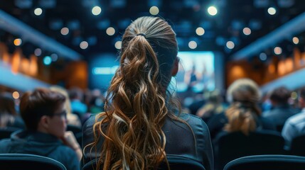 Audience attentively watching a presentation, showcasing concentration and engagement in a modern conference setting.
