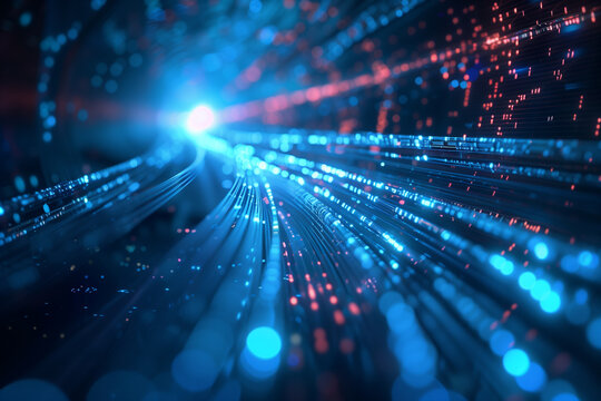 Futuristic background featuring glowing blue optic fiber cables and digital network connections, symbolizing rapid 5G data transfer and advanced internet communication. This high-t