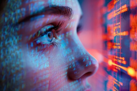 Close up of a woman's eye looking at a digital screen with data and code.