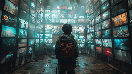 person standing in front of a wall build out of multiple screens, an advertising video on each screen, overwhelming vibes.generative ai