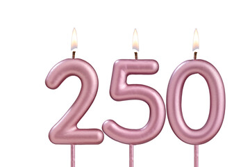 Candle number 250 - Lit birthday candle on white background