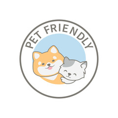 Pet friendly tag icon logo vector. Cute dog and cat smiling illustration. Dog friendly sign.