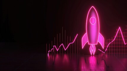 Neon pink graph and rocket glowing vividly against a black backdrop, symbolizing dynamic business growth.