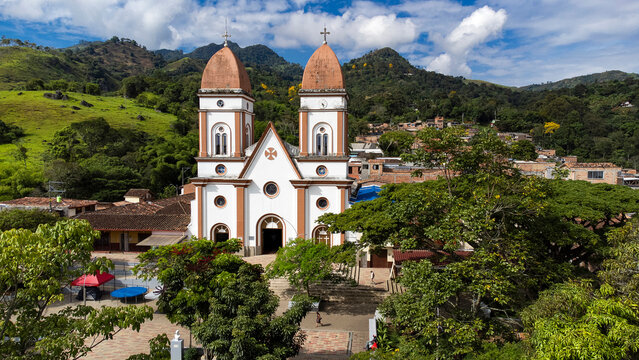 Tarso, Antioquia - Colombia - July 21, 2024. Panoramic shot with drone of the municipality with 6,425 inhabitants