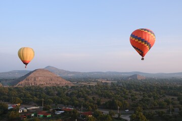 Hot Air Balloons Over Teotihuacan Pyramids At Sunrise, Mexico City Landscape