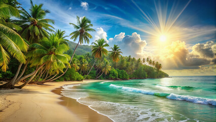 Obraz premium Warm sandy beach with calm turquoise ocean waves and misty horizon, surrounded by lush green palm trees and tropical plants under bright sunlight.