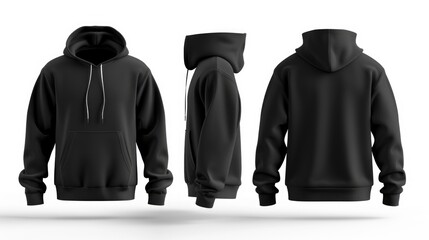 Front And Back Hoodie. Black Fleece Cotton Pullover Bundle for Branding and Content Presentation