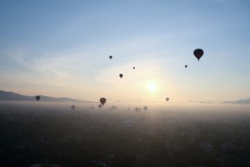 Hot Air Balloons Over Teotihuacan, Mexico City, Against Sunrise Sky and Misty Landscape