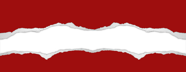 Gap in torn red paper on white background. Copy space