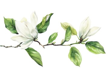Obraz premium Magnolia Leaves Watercolor. Hand Drawn Illustration of White Magnolia Branch with Green Leaves