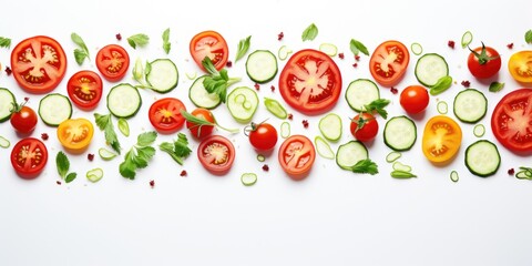 Fresh and colorful assortment of vegetables including tomatoes, cucumbers, peppers, zucchini, and herbs on a white background. Healthy eating concept.