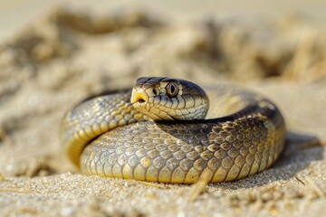 Fototapeta premium Snake Coiled. Yellow Grass Snake with Tongue Out on Sandy Beach, Nature Wildlife Zoology
