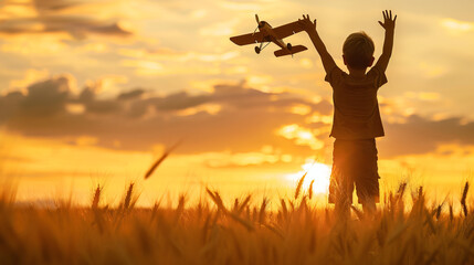 Boy holding a toy airplane in a wheat field at sunset, his silhouette against the sky