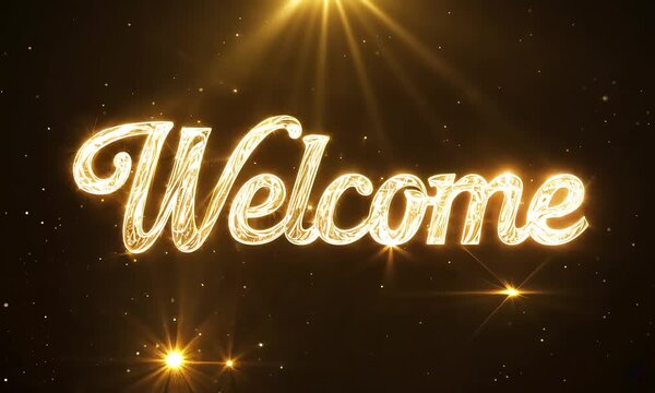 The word 'Welcome' is written in elegant, flowing gold script, with a sparkling light effect (mov)