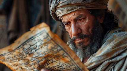 A prophet from ancient Israel reading an ancient papyrus.generative ai