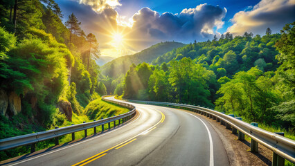 A sunny day reveals a winding highway surrounded by lush greenery, with a sturdy guardrail separating the road from the dense forest beyond.