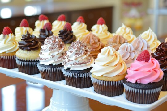 Cupcake Display: Tempting Epicurean Delights with Sweet Frostings on Tray
