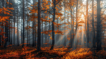 Fototapeta premium The misty forest in autumn is bathed in golden sunlight, creating a magical ambiance