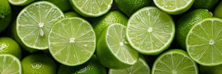 Top view of vibrant and juicy green lime halves, showcasing the beauty of fresh citrus fruits in high detail