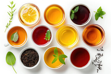 Assorted tea cups with different types of tea