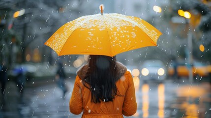 Woman in Yellow Coat Holding Umbrella