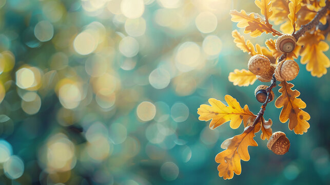 Up-close view of an oak branch with radiant golden leaves and acorns shining in the autumn sun