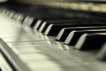 Detailed close-up of a piano keyboard with a focus on the contrasting black and white keys, captured in a vibrant and modern setting. Great for highlighting contemporary music equi