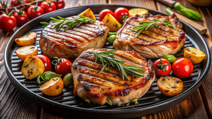 Juicy pork chops sizzling on a grill, topped with a flavorful glaze and served with a side of fresh vegetables and crispy potato wedges.