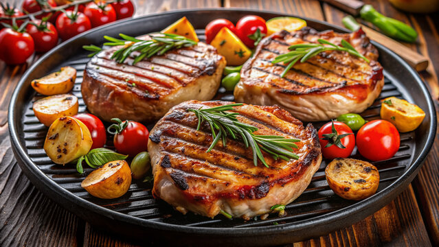 Juicy pork chops sizzling on a grill, topped with a flavorful glaze and served with a side of fresh vegetables and crispy potato wedges. - Powered by Adobe