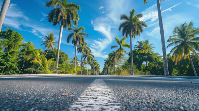 Low angle shot of an asphalt roadway among spreading palm trees, lit by the sun. A summer trip in a tropical paradise, with blue skies and empty streets.