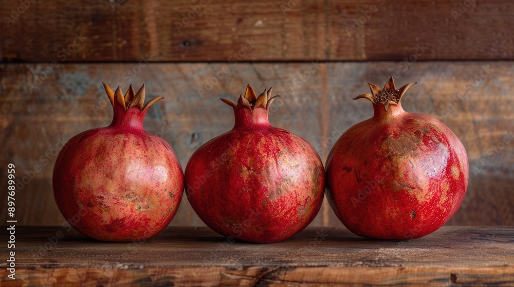 Leinwandbilder three red pomegranates with visible seeds rest on a rustic wooden surface.