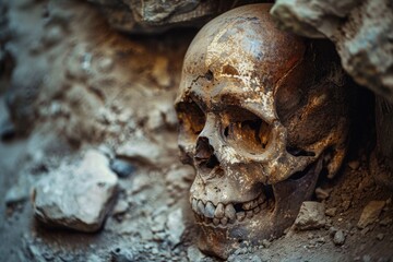 Obraz premium Human Skull Fossil. Unearthing Skeleton Remains at Archaeological Excavation Site