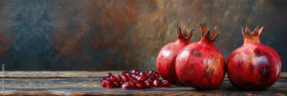 Poster Three red pomegranates, two with their tops facing the viewer, and one with its side facing the viewer, rest on a rustic wooden table. Scattered seeds in front of them.