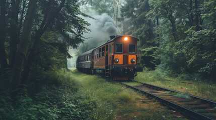 A historic retro-style locomotive train gliding along the railway tracks among the forest trees.
