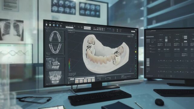 Modern dentistry software making artificial teeth substitutions at the clinic. Dentistry clinic software producing replacement teeth. Dentistry clinic software visualises treatment procedure