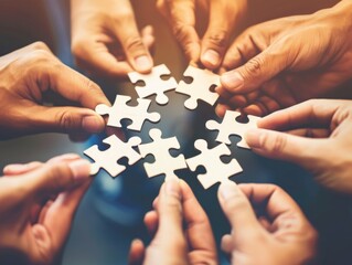 Business team assembling jigsaw puzzle pieces, concept of cooperation