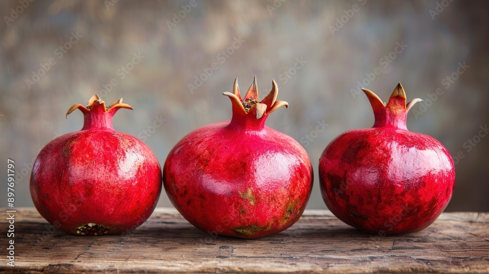 Poster three red, ripe pomegranates are arranged in a row on a rustic wooden surface.